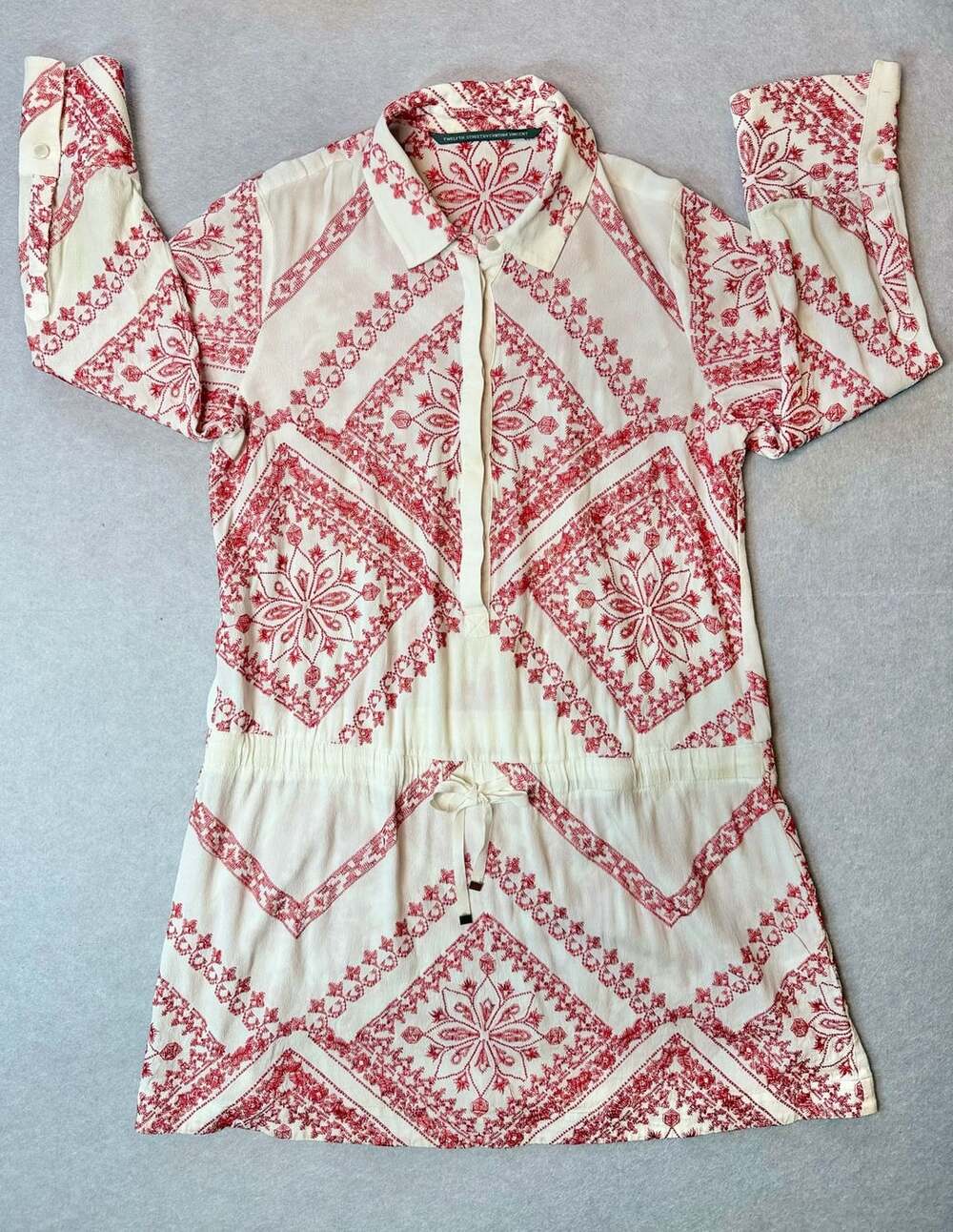 Twelfth Street by Cynthia Vincent Dress M Red Ivory Boho Print Shirt Dress